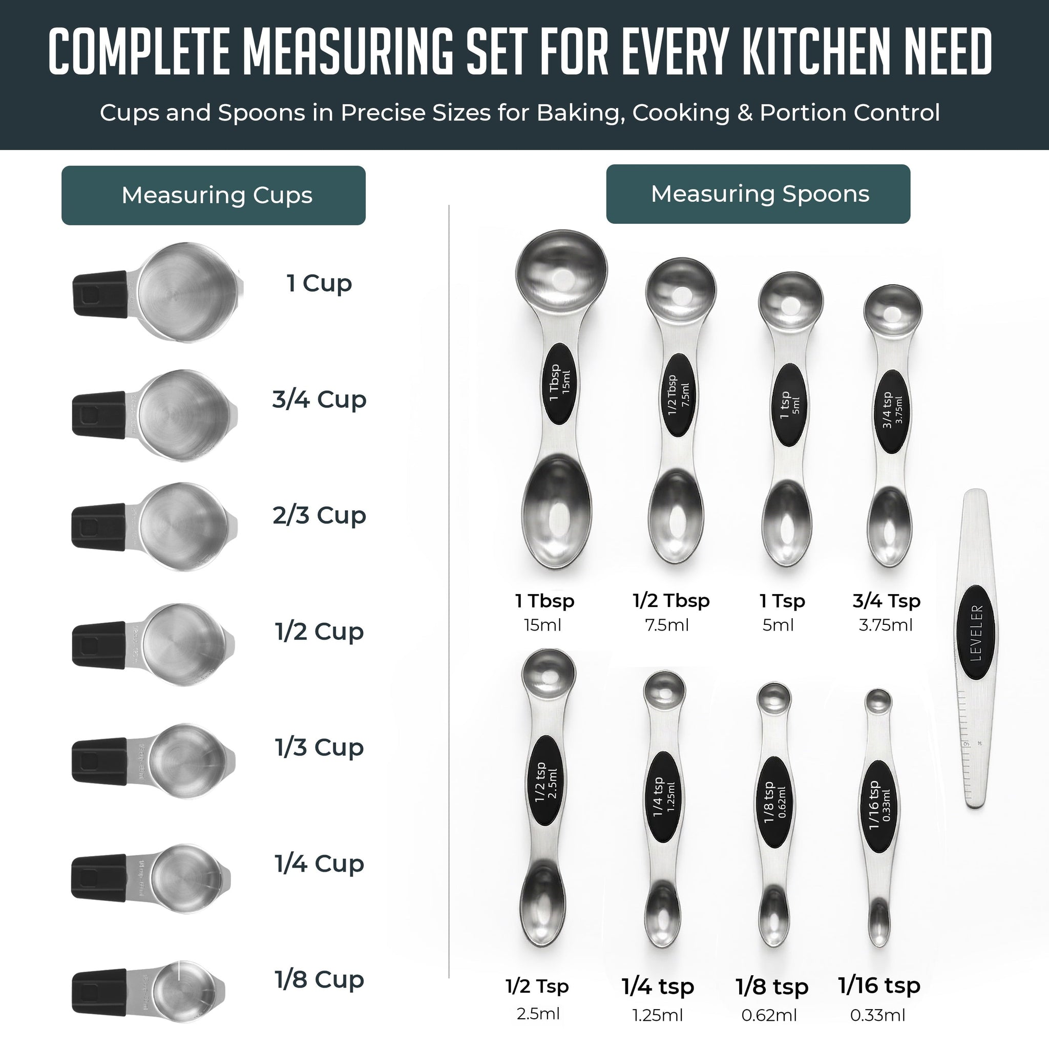 Magnetic Measuring Cups and Spoons Set, Stainless Steel with Easy-to-Read Markings, Dual-Sided N40 Magnetic Tool for ... - Image 3